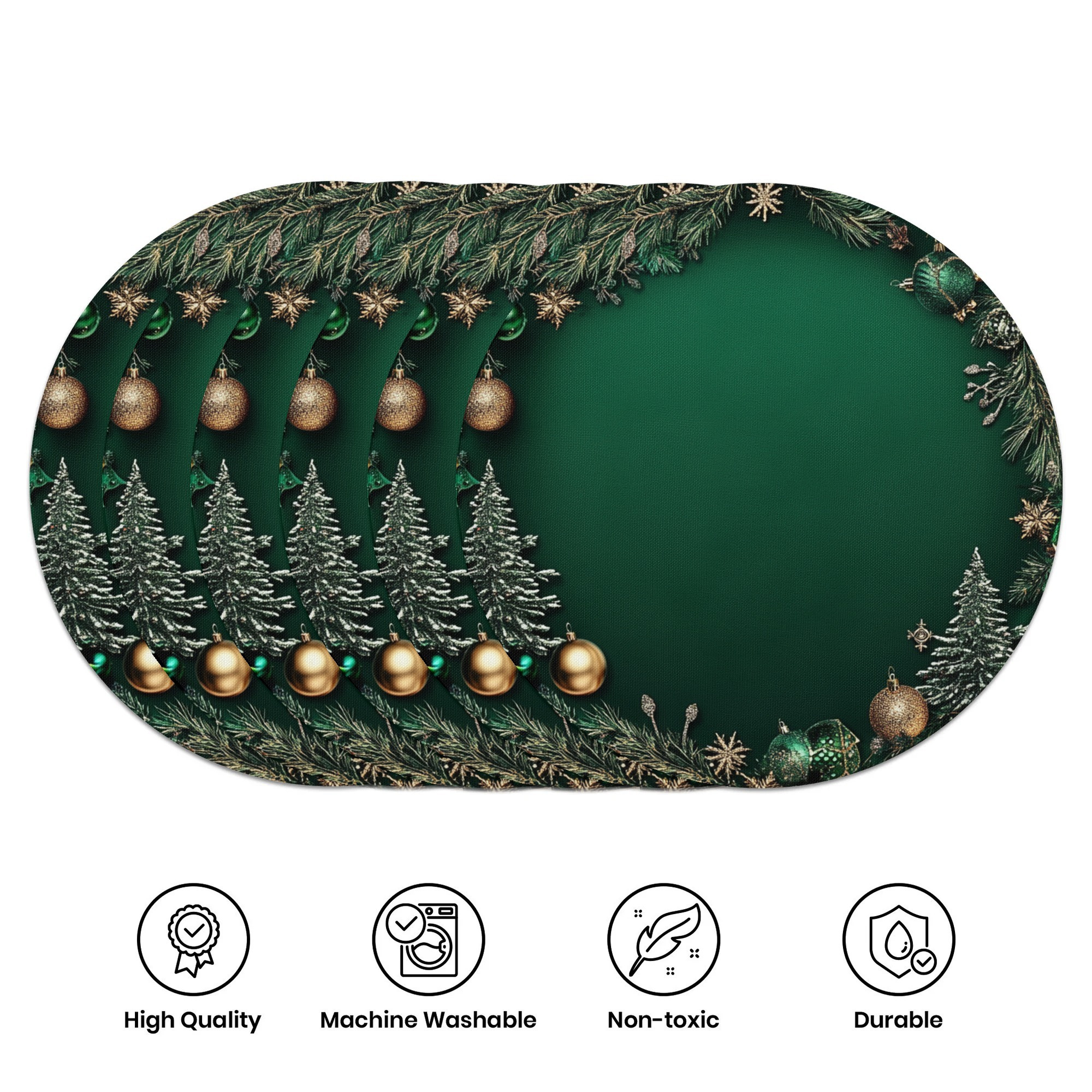 

6pcs Polyester Placemats, Woven Round Table Mats, 15" Single-sided, With Green Christmas , For Party, Kitchen & Restaurant Decor, Hand Wash Only