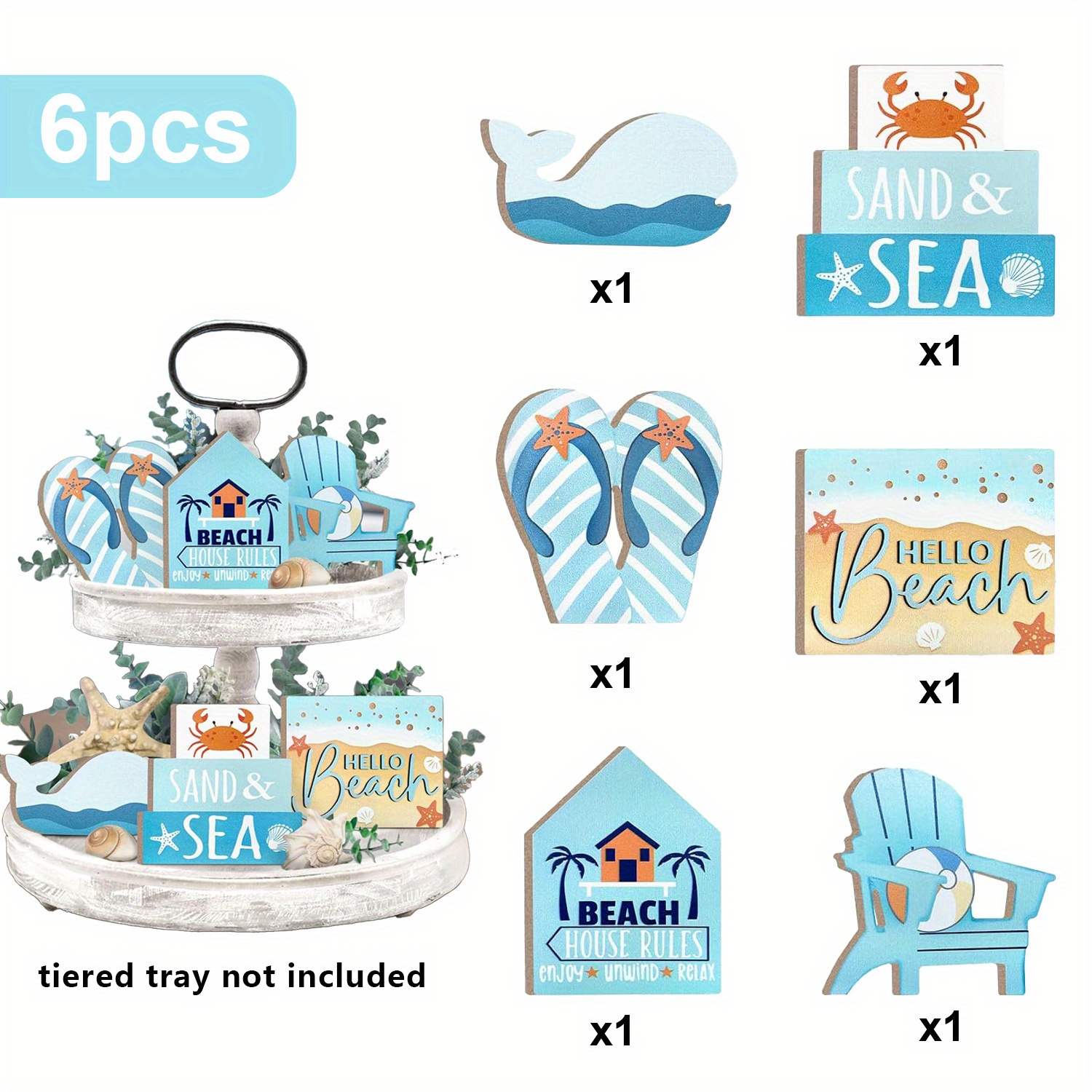 TEMU 6pcs Summer Tiered Tray Decor Set, Beach Coastal Chair Whale Crab Flip Flops House Wooden Signs, Rustic Ocean Farmhouse Home Decor