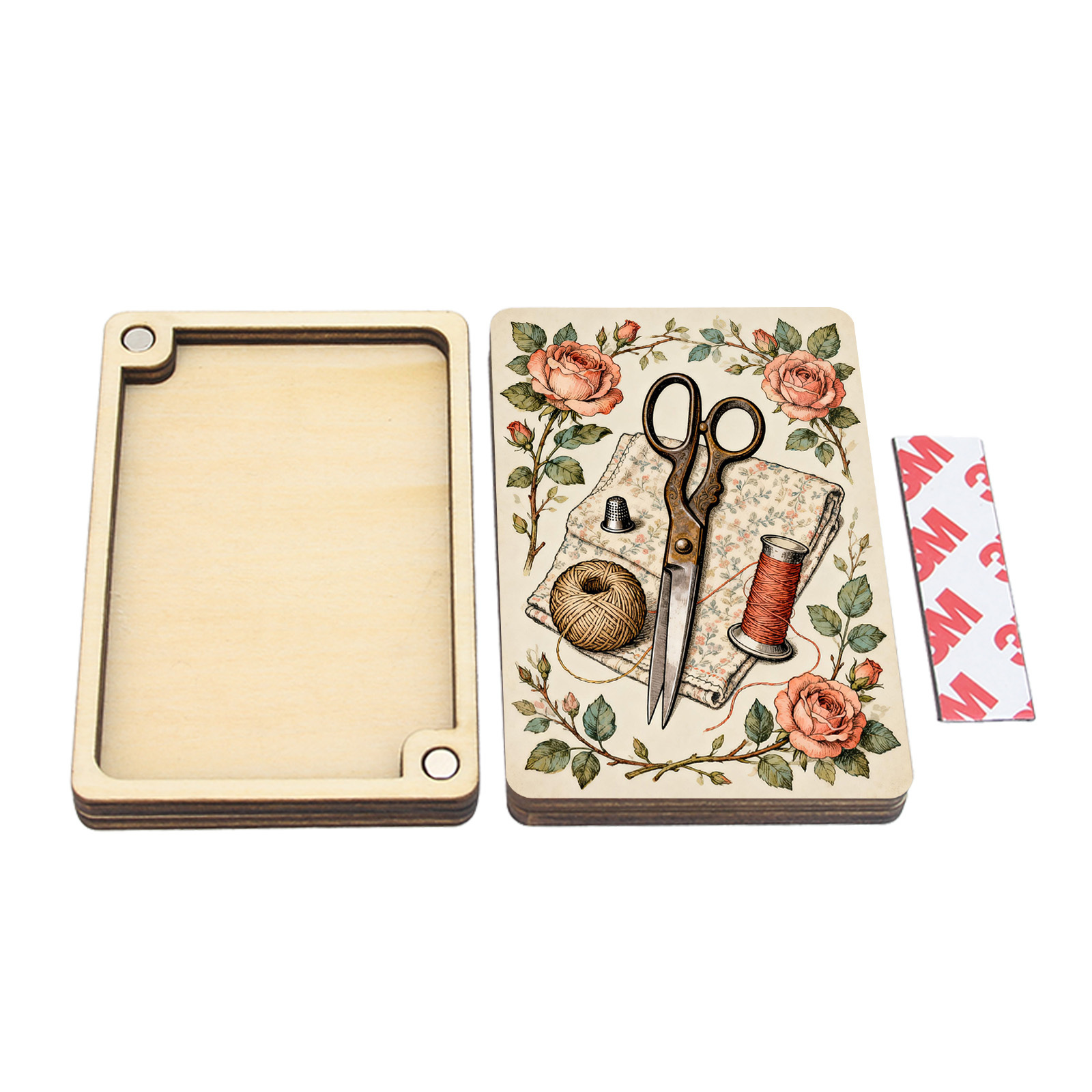TEMU 1 Set Of Square Wooden Needle Case, Sewing Needle Storage Box, Scissors Spool Print, Ideal For Quilting Studios, Home Sewing, Travel, Embroidery