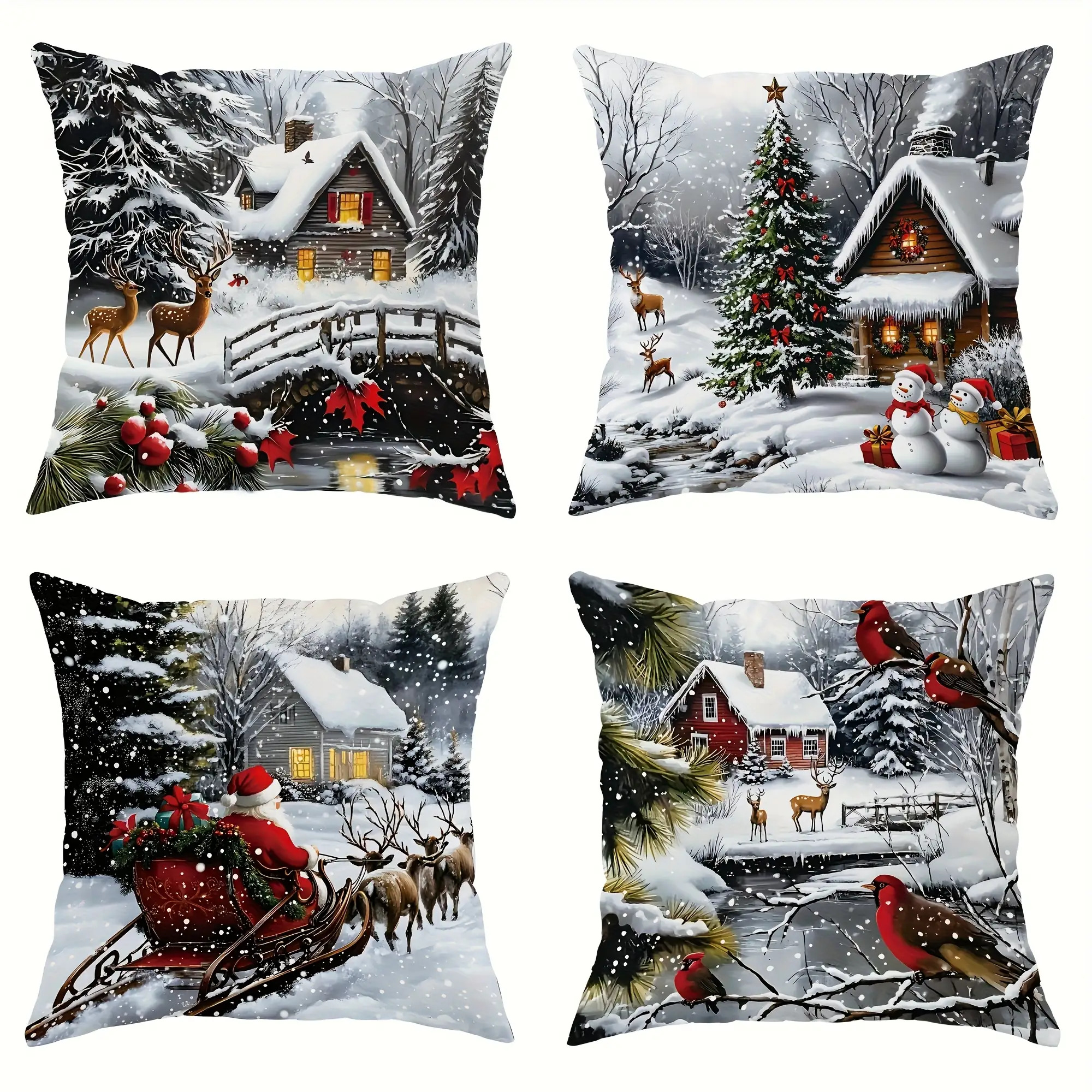 TEMU 4pcs Christmas Pillowcases, Featuring A Festive Winter Scene With Deer, Santa Claus, And Snowman - Soft And Smooth Polyester Short Plush Fabric,