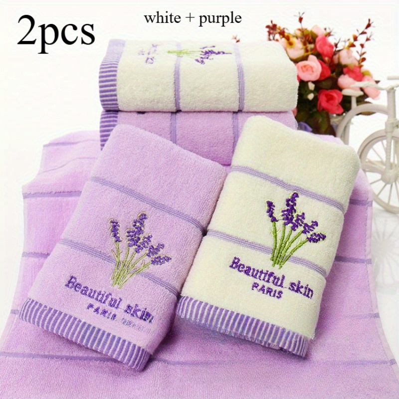 2 Cotton Lavender Towels Milky White + Purple