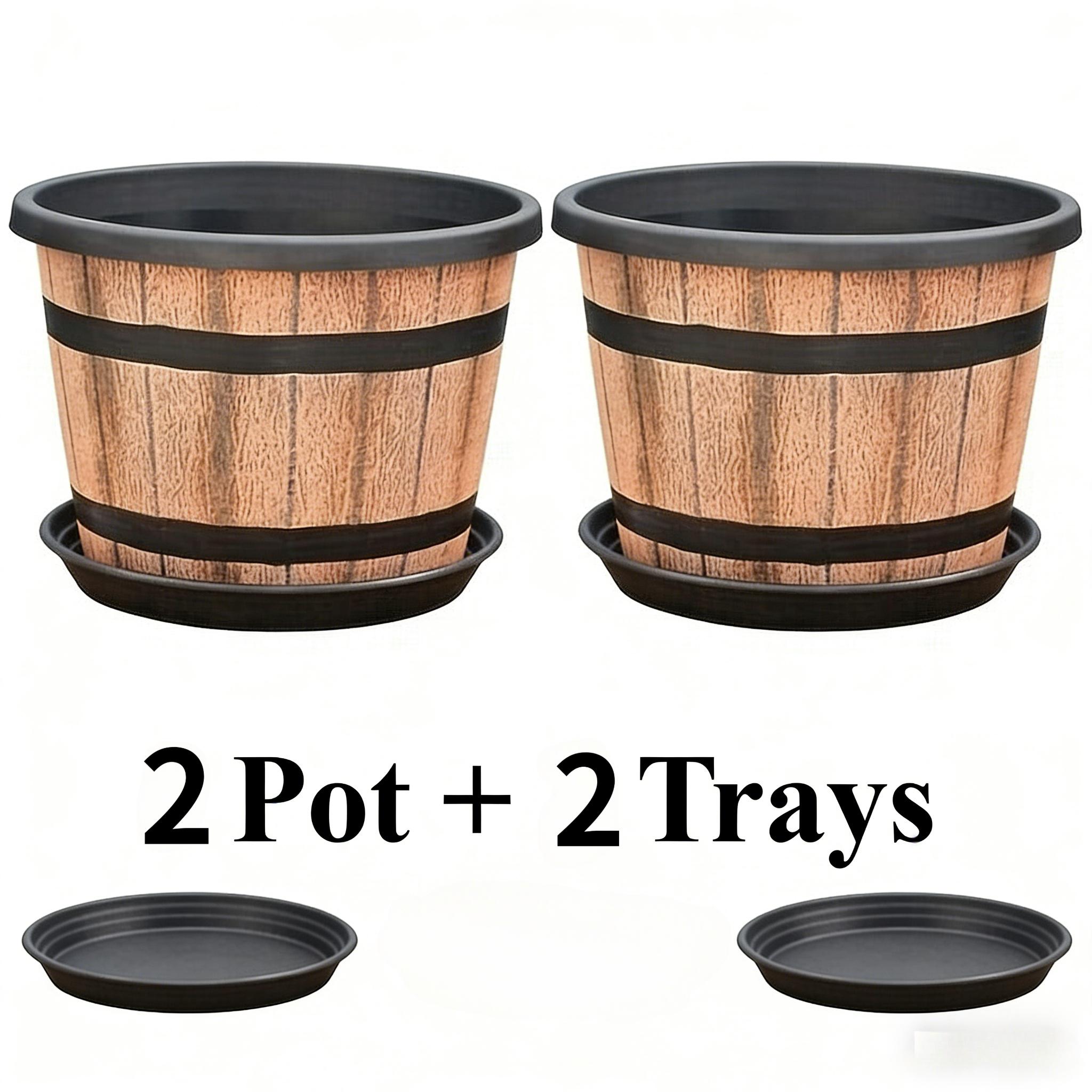 E-shop 2er-Set Whiskey-Fass-Blumentopf im Vintage-Stil mit Tablett | 20,32 cm Robuster Kunststoff-Blumentopf mit Drainagelöchern | Gartendekoration für