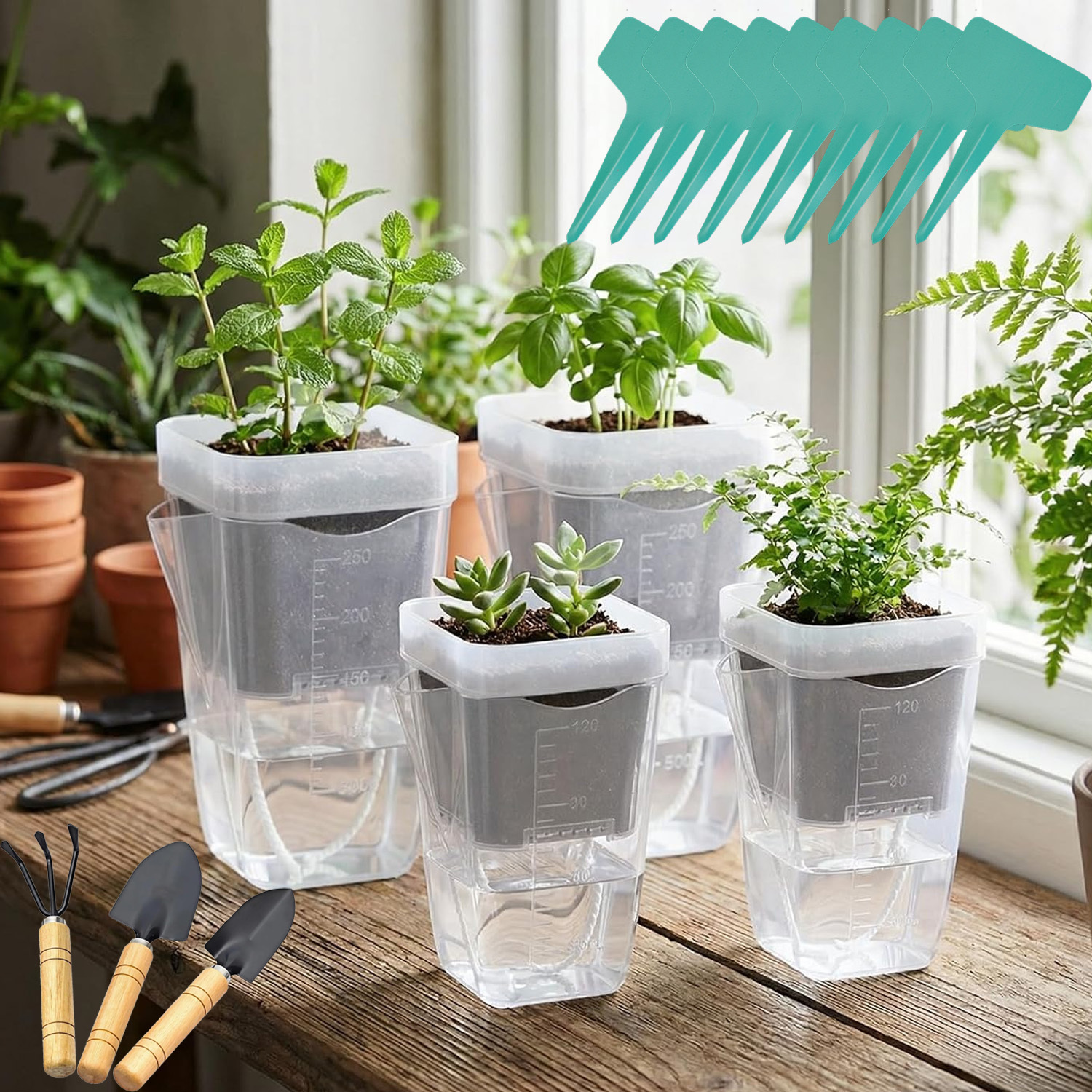 47 Pack Clear Plastic Planters Sets 12pcs Self Watering Pots 12pcs Cups  with 20 Plant Labels 3pcs Gardening Tools 2&*;-2.5&*; Nursery Pots with  Wick with Drainage Holes for Propagation, Succulents, ...