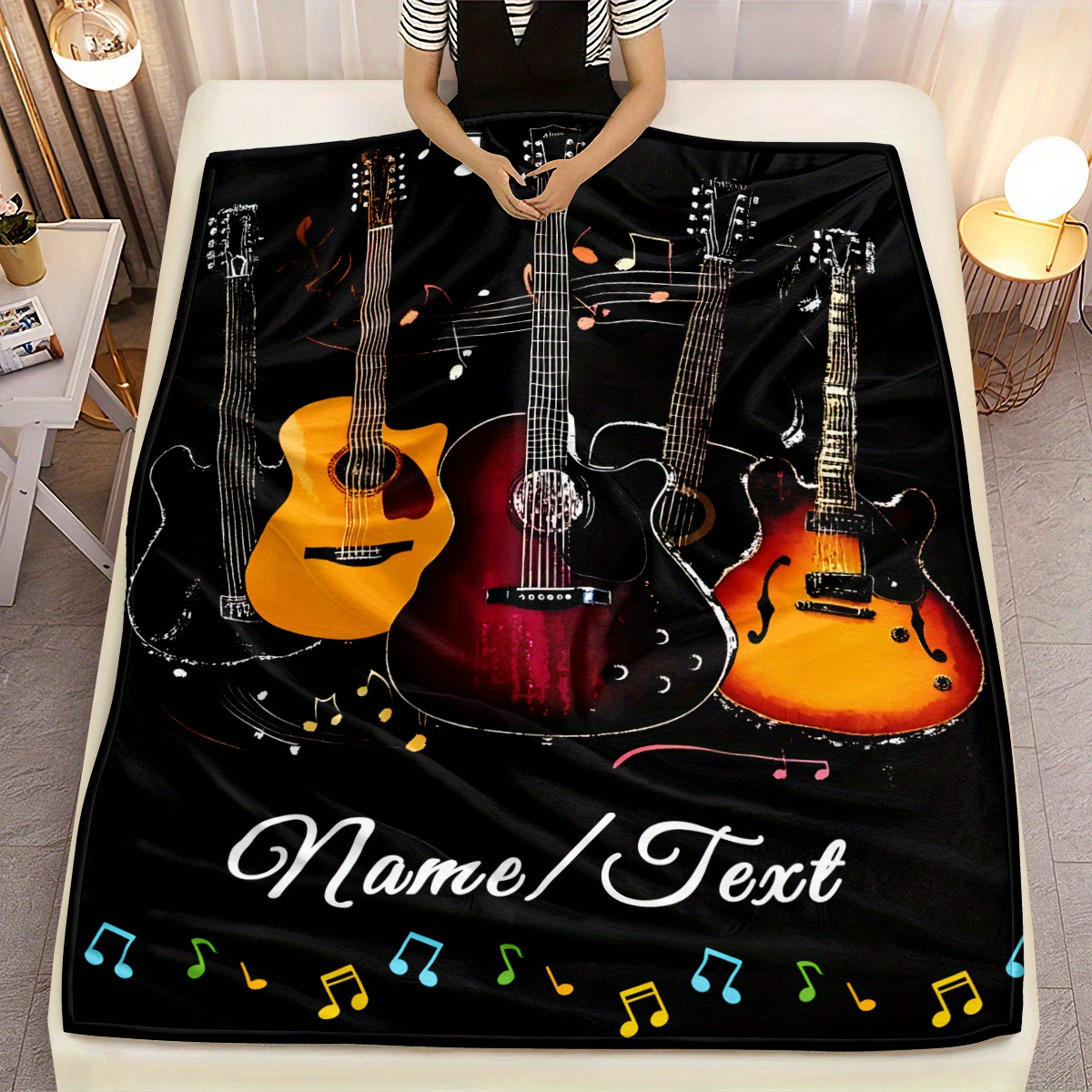 TEMU Nom personnalisé Cadeau pour passionnés de guitare Couleur Doux et chaud Léger Couverture de lit en flanelle, imprimée numériquement, résistante