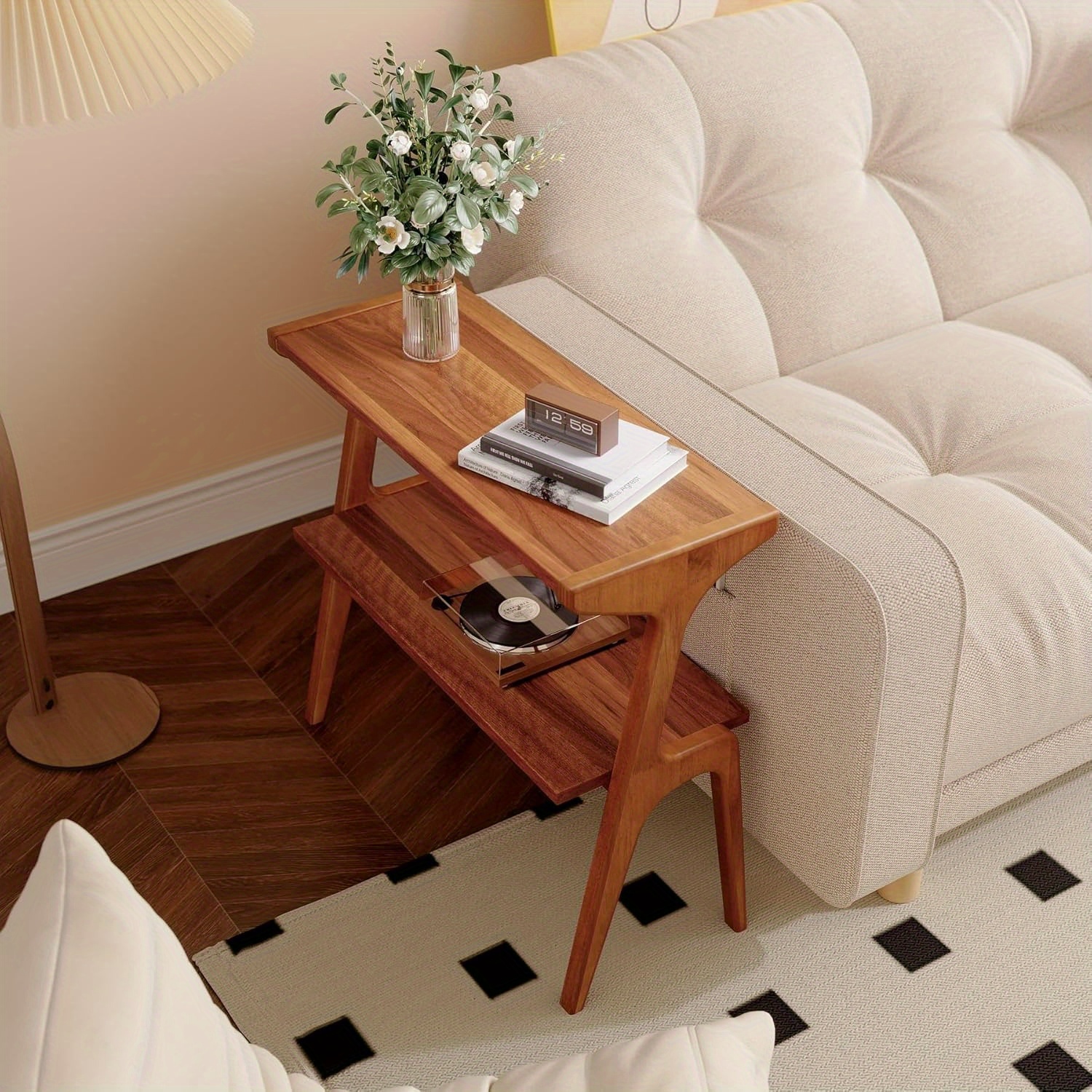 Solid Wood End Table with 2-Tier Storage Shelf