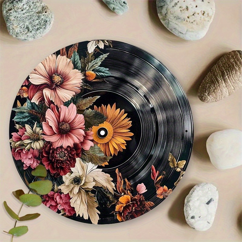 

Vintage Floral Record Metal Sign - 7.87" Round Aluminum Wall Decor For Home, Kitchen, Garden & Office - Perfect Christmas Gift, Room Decor