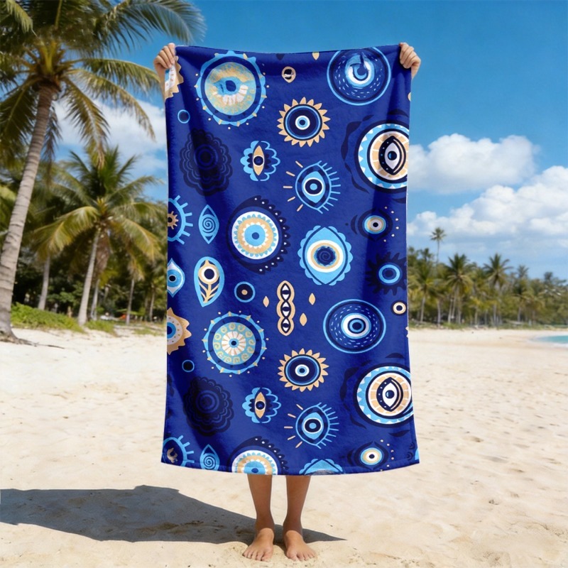 TEMU 1pc Turkish Evil Eye Beach Towel Suitable For Seaside Vacations, Bohemian With Evil Eye, Soft Microfiber, Machine Washable, Royal Blue Turkish