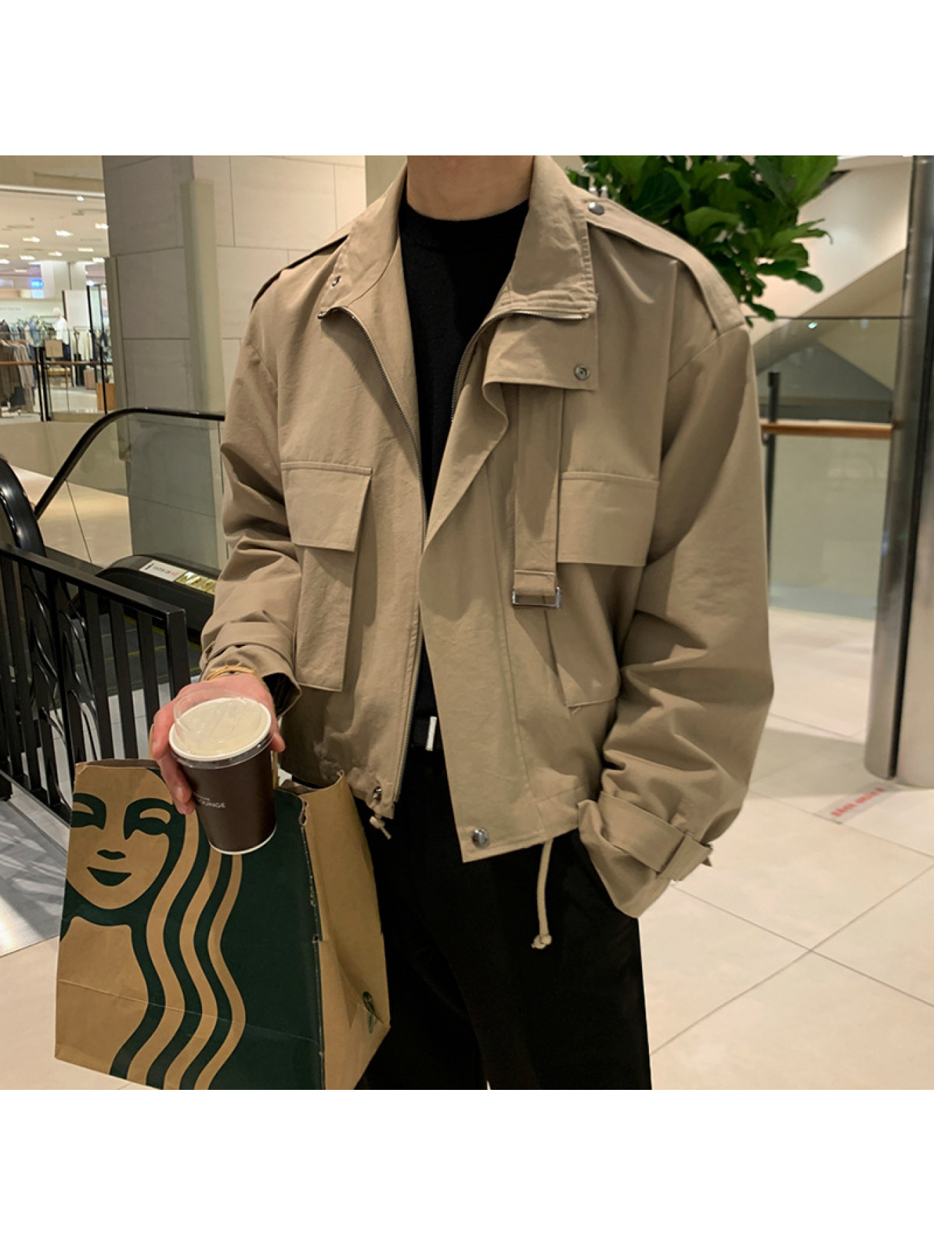 mens korean style vintage short workwear jacket loose fit collar   2pcs zipper front turn collar short length for spring autumn casual outerwear machine washable