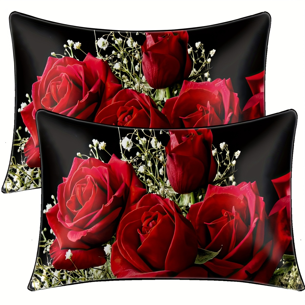 TEMU 2pcs Exquisite Pillowcase With Vibrant Red Roses And Small White Flowers On A Black Background, Excluding Pillow Core, Decorative Pillowcase,