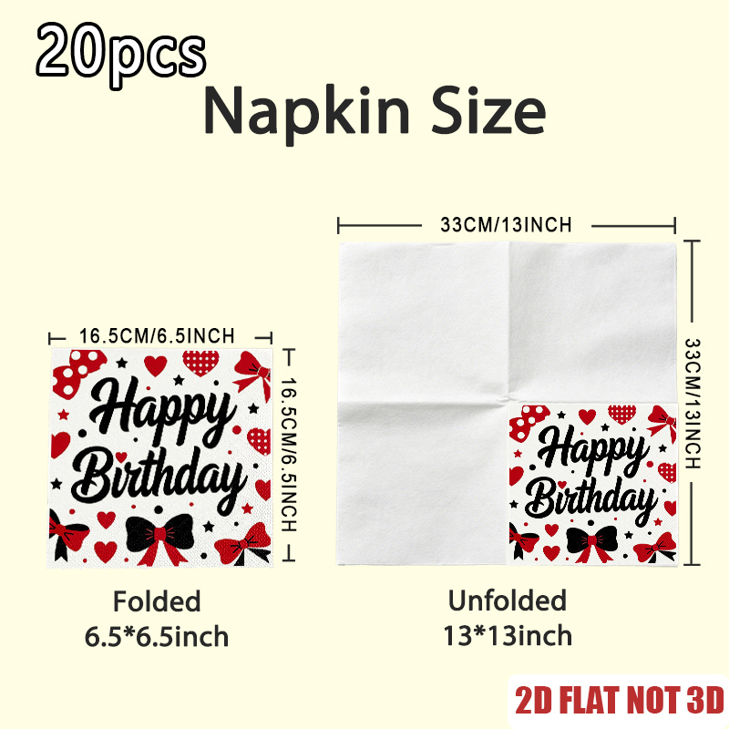 TEMU 2d Flat 20pcs, Happy Birthday Black And Red Bow Tie Pattern, Guest Hand Towels Decorative Paper, Spring Summer Picnic, Wedding Birthday Garden