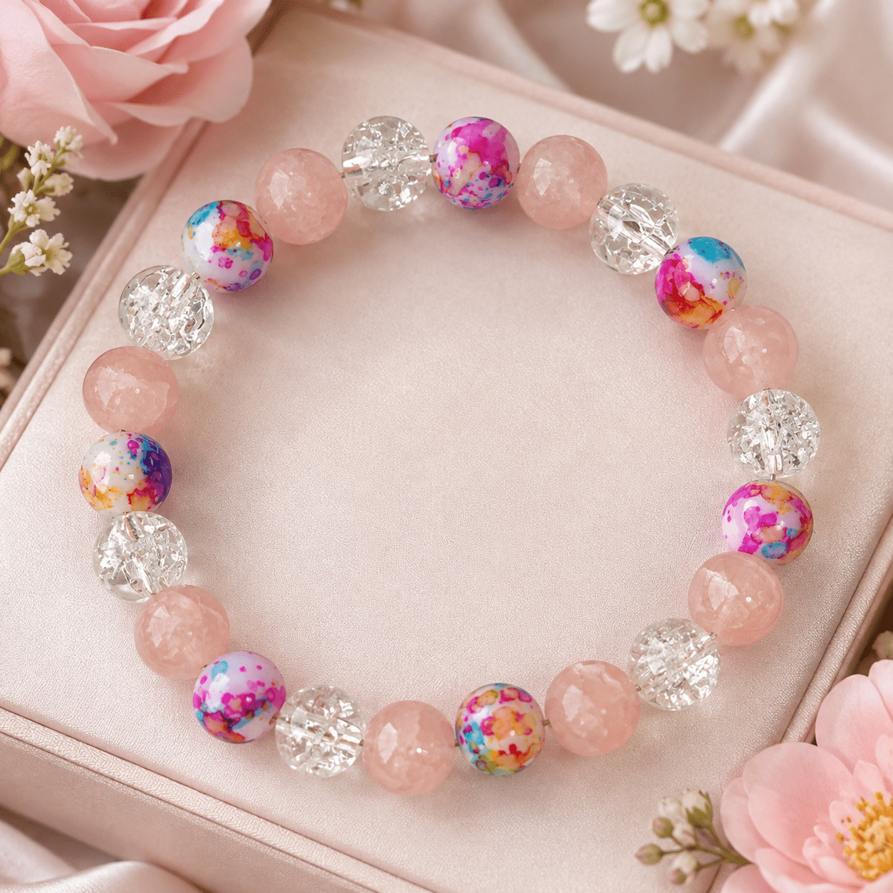 Wealth Bead Bracelet with Rainstone & Pink Agate