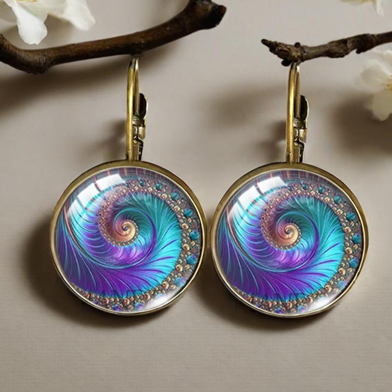 Elegant Fibonacci Spiral Pattern Circular Glass Retro Earrings Handmade Trendy Jewelry Gift For