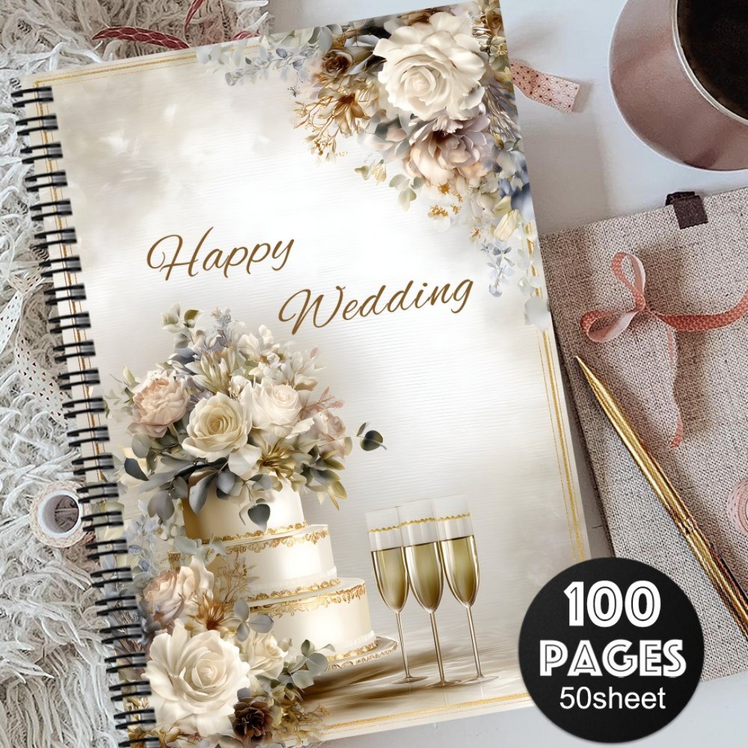 TEMU Guestbook: 1 Stylish Guestbook/memory Album | With -tier Wedding Cake Theme Pattern | Golden Flute Themed Cover, A5 Size Guest Signature Book