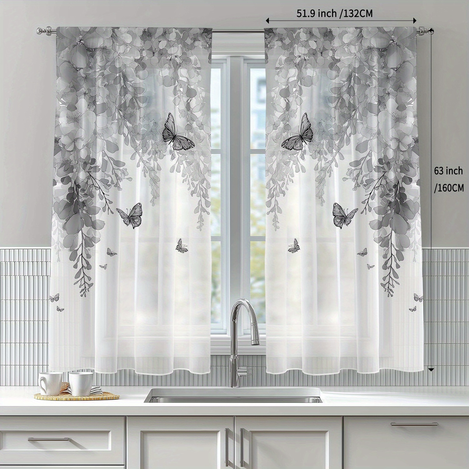 TEMU 2-pack Semi-sheer Rod Pocket Curtains - French Country Floral & Print 100% Polyester, Light Filtering Privacy For Room Bedroom, Machine Washable