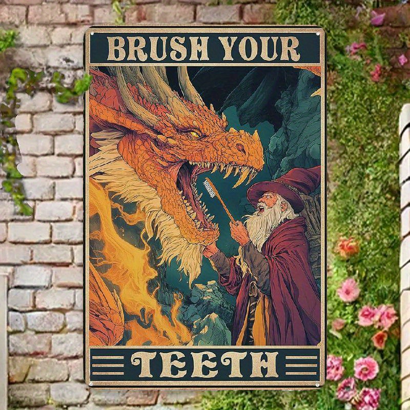 TEMU Vintage Metal Sign Featuring A Decorative Tooth-brushing Dragon, Perfect For Charm To Your Living Room, Backyard, Garden, Garage, Or Bar.