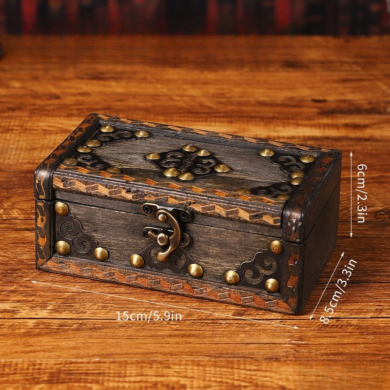 Small dark wooden chest with metal-look studs and a front clasp