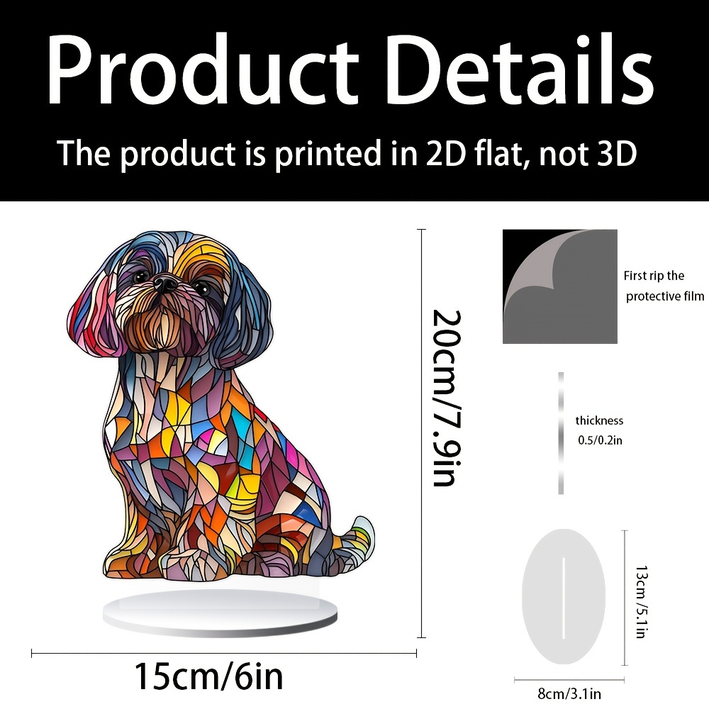 TEMU 2d Flat, 1pc Colorful Glass-style Shih Tzu Dog Sculpture - 2d Flat Acrylic Desktop Ornament With Vibrant Stained Glass Art, Indoor/outdoor