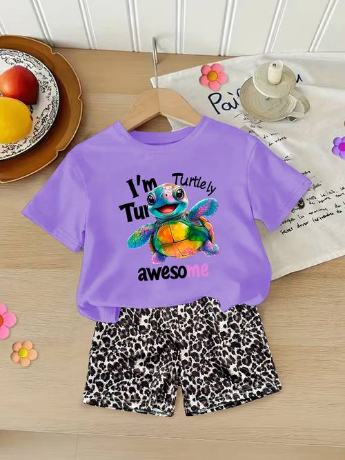 item picture 2pcs girls summer outfit versatile sporty style colorful hello sea turtle print breathable and comfortable short sleeve top leopard print shorts set fashionable short sleeve leopard print shorts set girls summer outfit outdoor