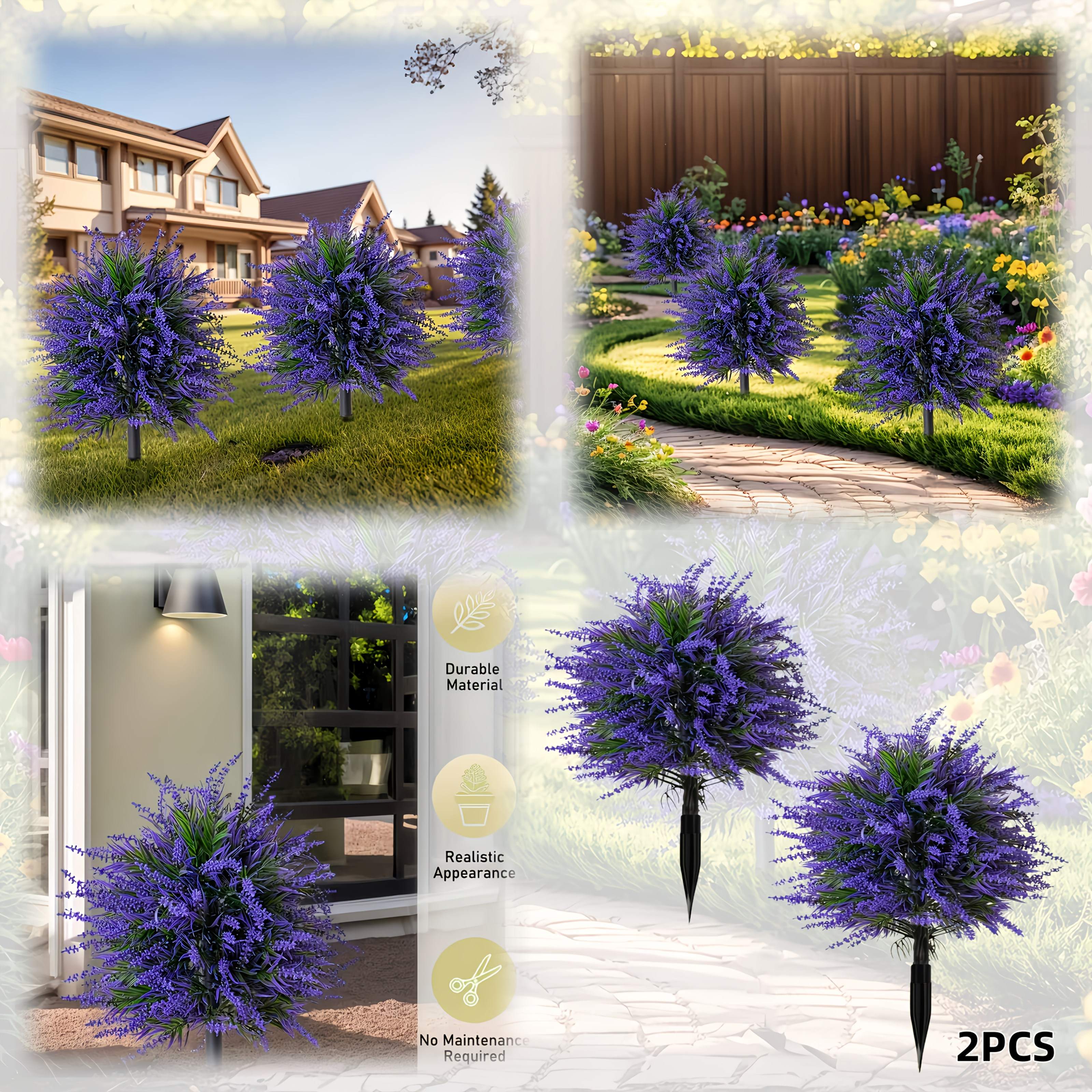 TEMU 2pcs Large Blue-purple Lavender Set With Ground Stakes. Lifelike, Uv-resistant Material, Suitable For Outdoor Use In All Weather / Indoor
