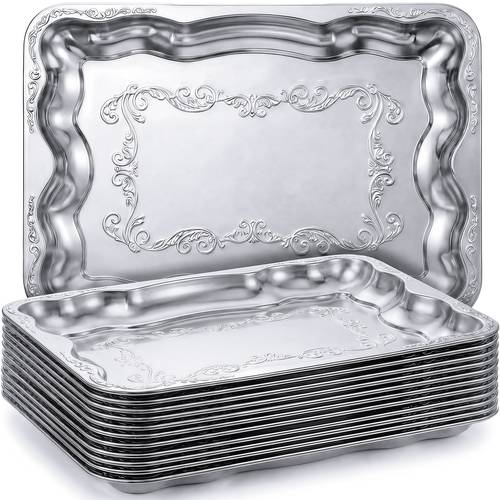 12 pack serving trays set for party floral bronze platter engraved mirror tray 15 8 x 11 6 inches elegant metal plate for food appetizer desserts silvery
