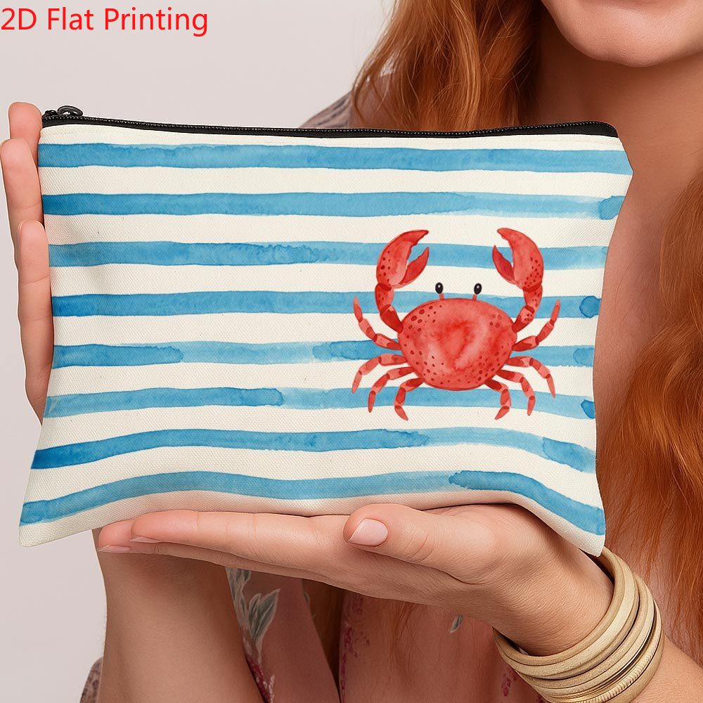 TEMU 2d Flat Print, 1pc, Material: Makeup Bag, Coastal Art Print Cosmetic Pouch - Crab Stripe Pattern Lightweight Travel Cosmetic Organizer, Portable