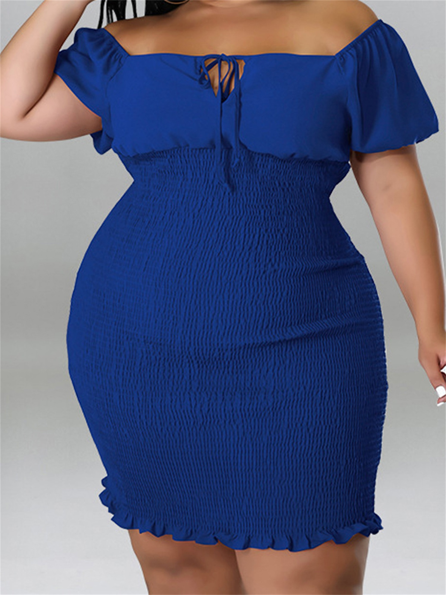 smocked off the shoulder dress Smocked Off-Shoulder Lace Sleeve Mini Dress Black / S-M-L/3-2-1
