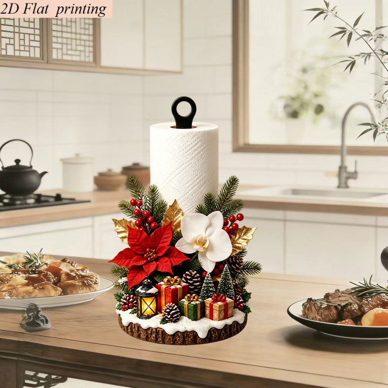 TEMU 2d Flat Printing 1pc Christmas Style Paper Towel Holder Cedar 1pc Red Flower Art Decorative Vertical Tissue Holder Acrylic Base Faux Wood Shape