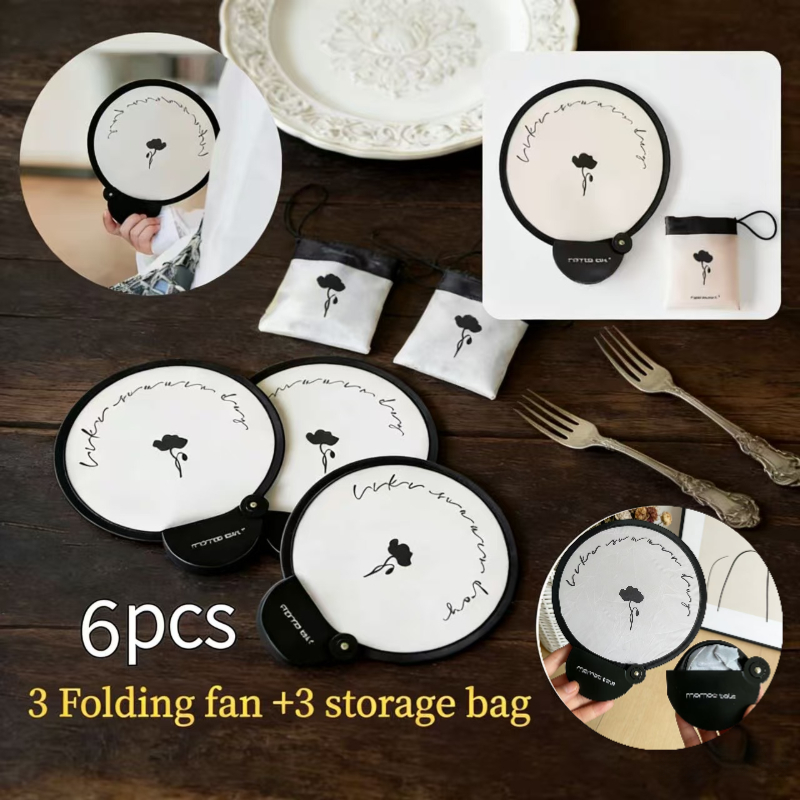 TEMU 6 piezas-(3 abanicos + 3 bolsas de almacenamiento) de plegable portátil y bolsa de almacenamiento | manual mini plegable de con estampado de