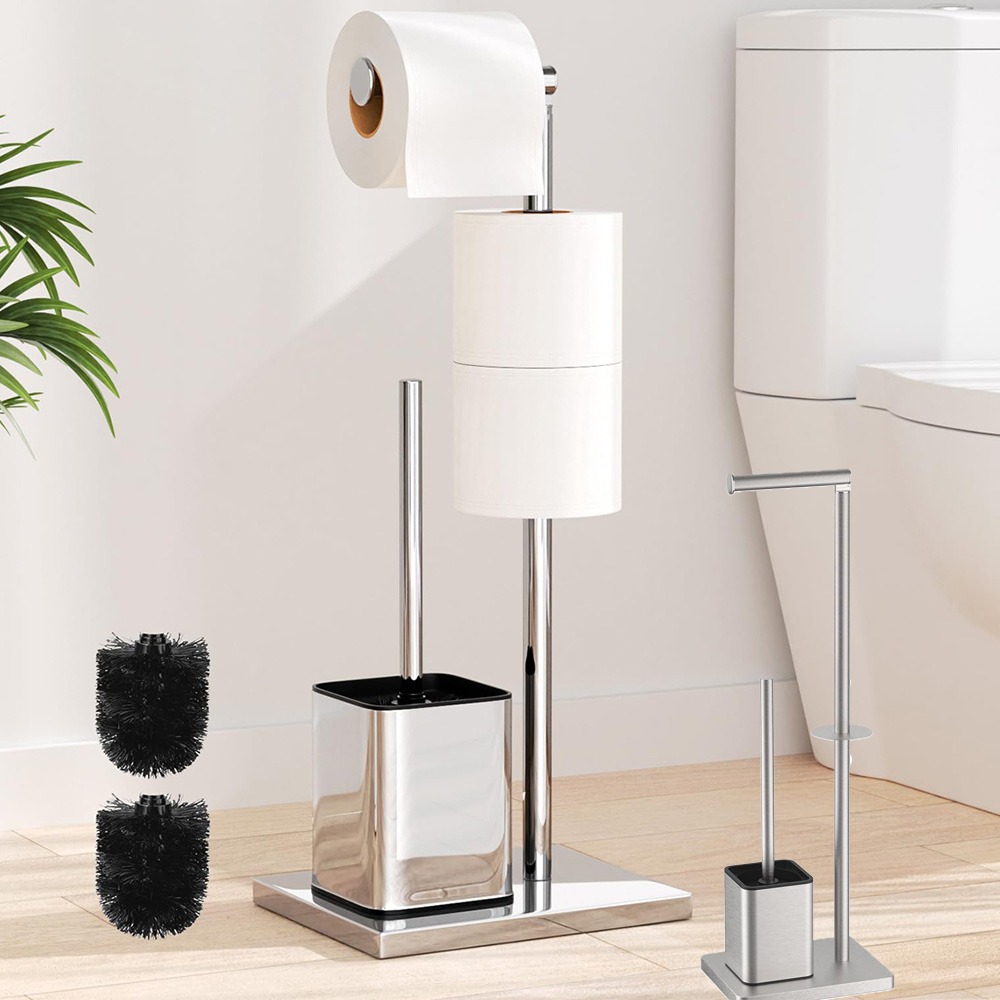 Modern Freestanding Design For A Stainless Steel Toilet Paper Holder And Brush, Suitable For Bathrooms And Hotels