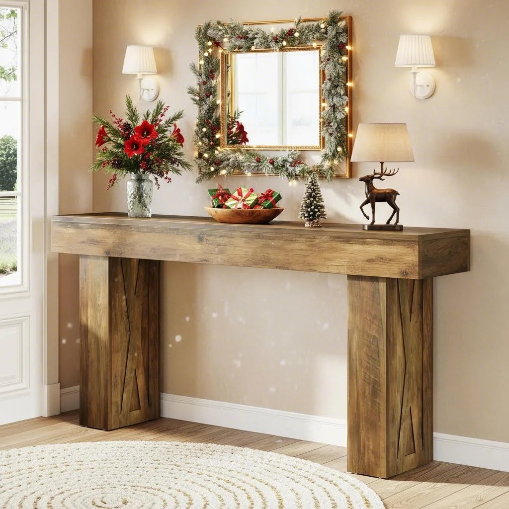 TEMU Table Console Moderne de 63 Pouces - Table Longue et Étroite pour Canapé, pour Couloir, Entrée - Bois Ingénieré avec Plateau aux Rayures -
