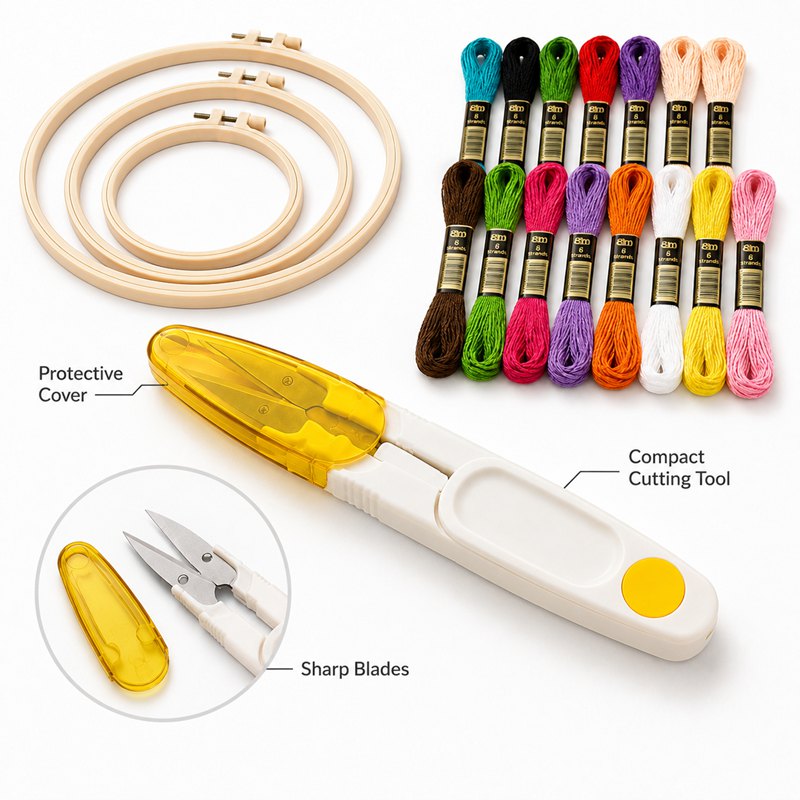 Embroidery Hand Kit with 3 Round Plastic Frames and 12 Skeins