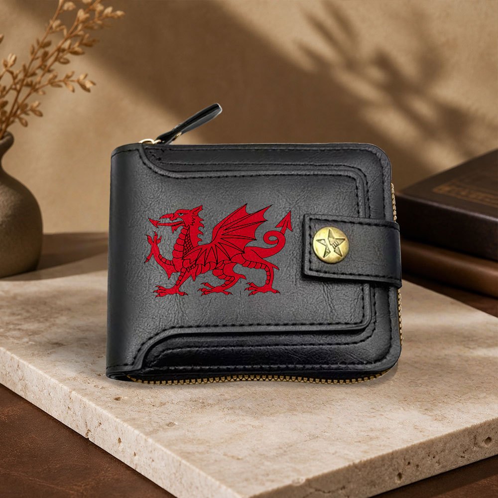 TEMU 1pc Men's Fashion Wallet With Welsh Red Dragon Design, Snap Closure, Zipper Credit Card Holder And Coin Purse, Elegant Design For Father's Day,