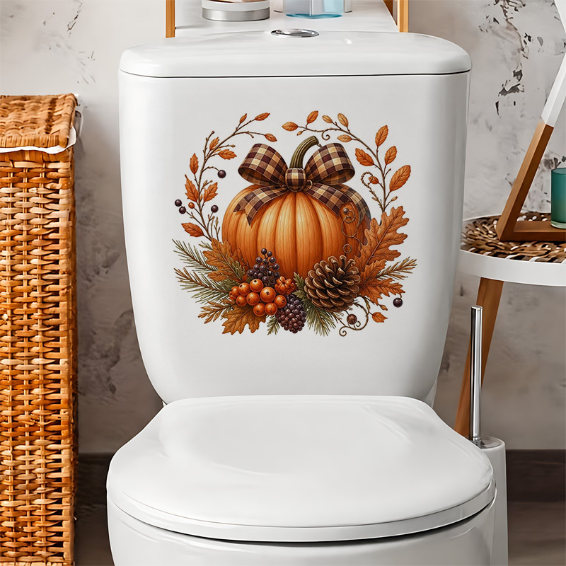 TEMU 1pc Of Pumpkin And Autumn Leaf Pattern Toilet Sticker, Water Tank Sticker, Bathroom Decoration, Fun Toilet Sticker, Wall Decor, Home Decor, Used