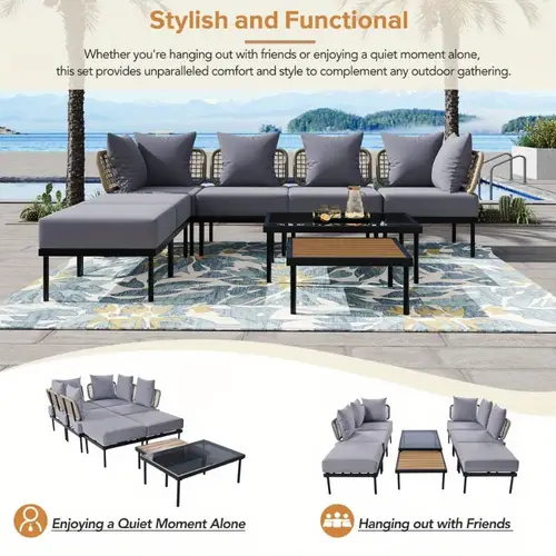 multi functional patio sectional sofa set tempered glass solid wood coffee tables wood frame for outdoor grey fabric black steel legs