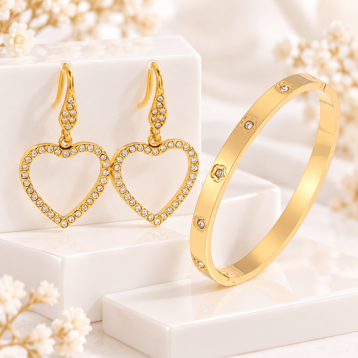 3pc 18K Gold Plated Bracelet and Earring Set, Matte Tray Design