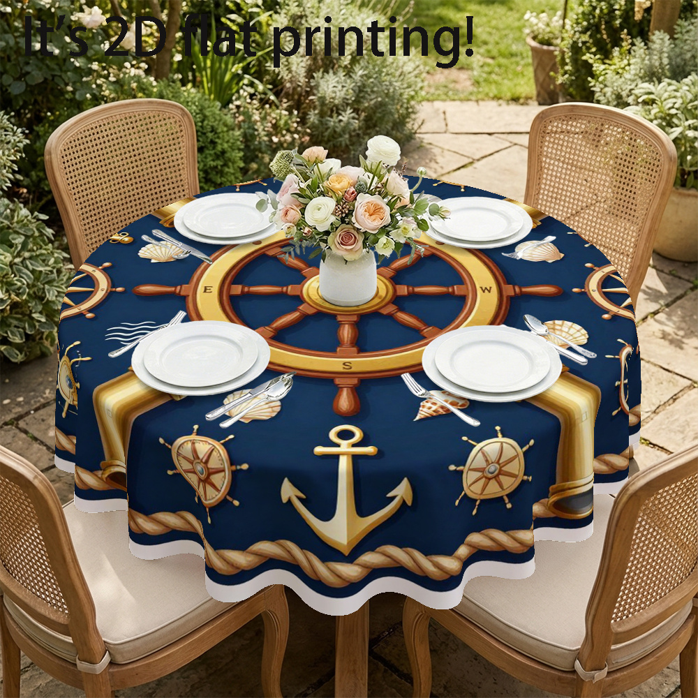 TEMU 1pc Nautical Style Tablecloth For Round Table With Navy , 2d Printing, Suitable For Summer Parties, Picnics, Gatherings, Perfect For Kitchen And