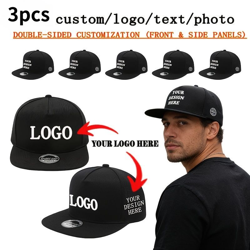 TEMU 3pcs Custom Flat-brim Snapback Baseball Caps - -sided Printing Suitable For Logos/text/photos, Unisex Team Uniform Caps With Printing, Machine