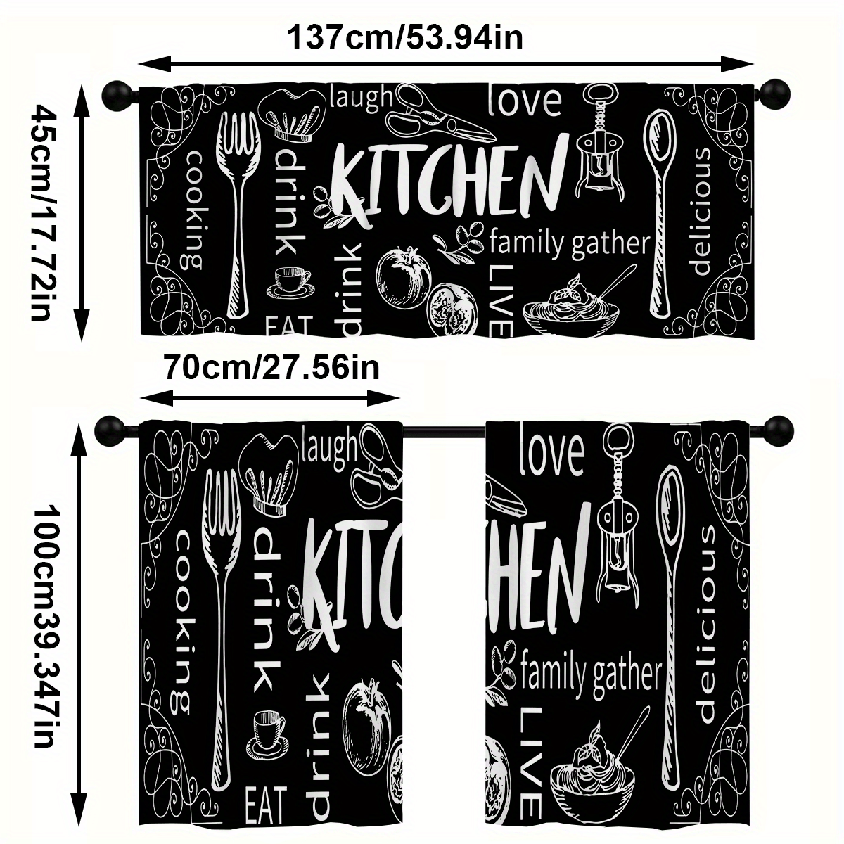 TEMU Ensemble de rideaux de cuisine 3 pièces, ensemble de rideaux à imprimé "Stick Kitchen Doodle", rideau à poche pour tringle, 1 branche/2 rideaux