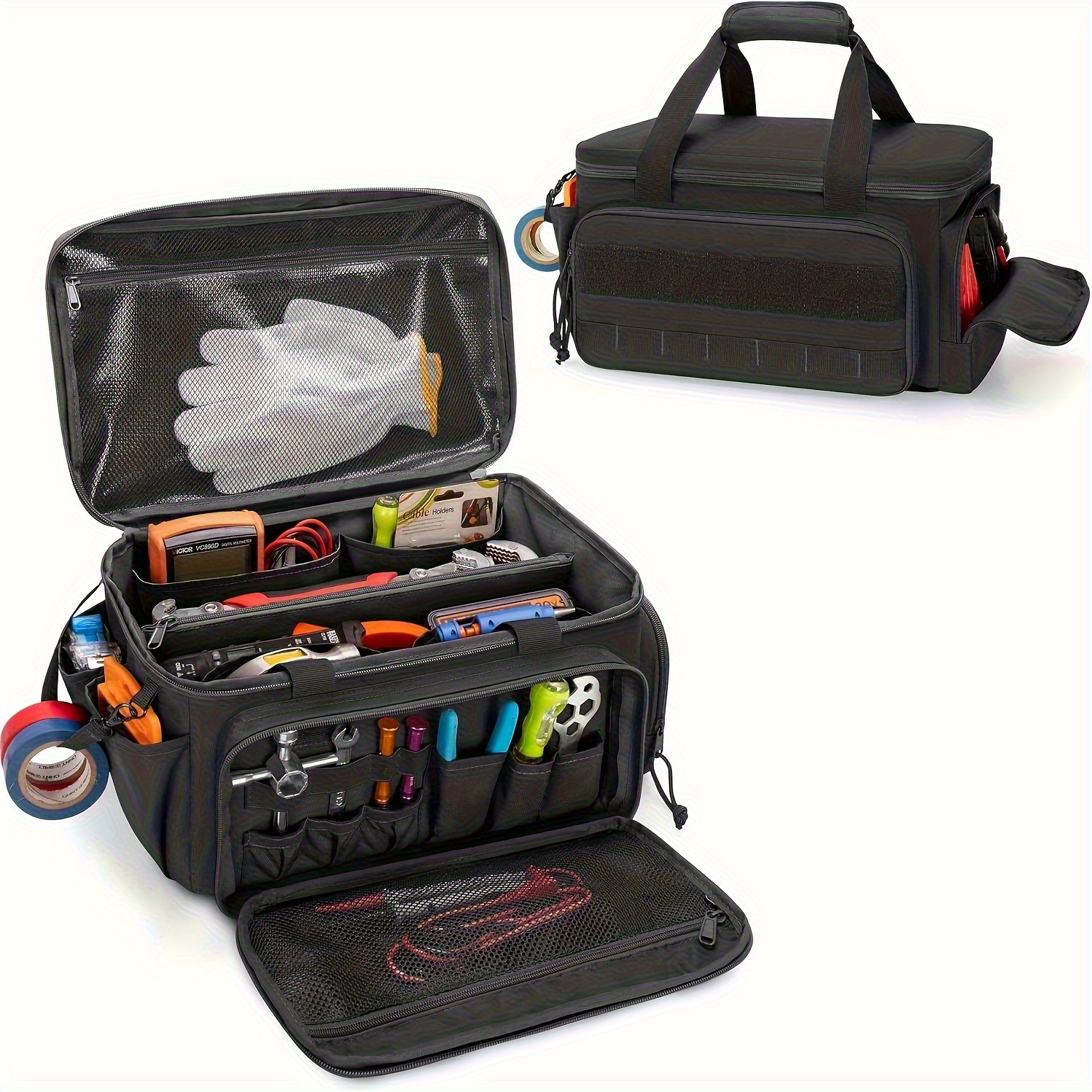 Juego de herramientas de 14 pulgadas con base resistente a rayones y caja de trabajo negra duradera para electricistas y técnicos de reparación—Práctico bolso de almacenamiento multi-compartimento