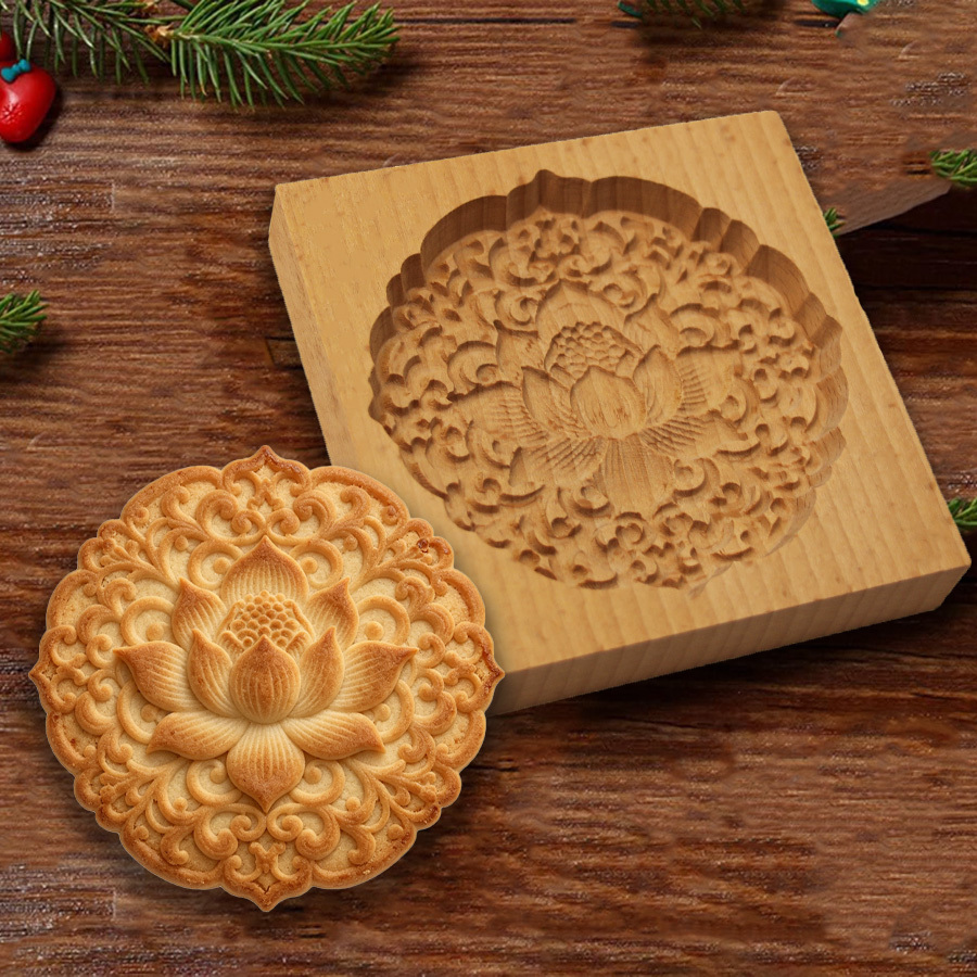 TEMU Moule à biscuits en bois motif lotus, réutilisable, démoulage facile résidus, façonnage stéréoscopique 3D, moule à pain d'épices, traditionnel