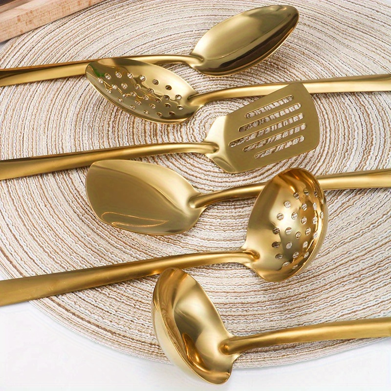 

6pcs Gold- Steel Set - Includes Spoon, Colander, Frying Shovel & - Cooking For