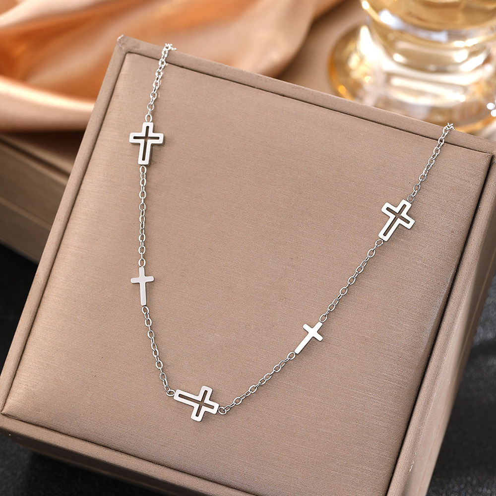 Image of Stainless Steel Cross Necklace, Multi-cross Minimalist Openwork Design, For Fashionable Men And Women, Religious Style Enthusiasts' Daily Wear, Unique Niche Neck Accessory