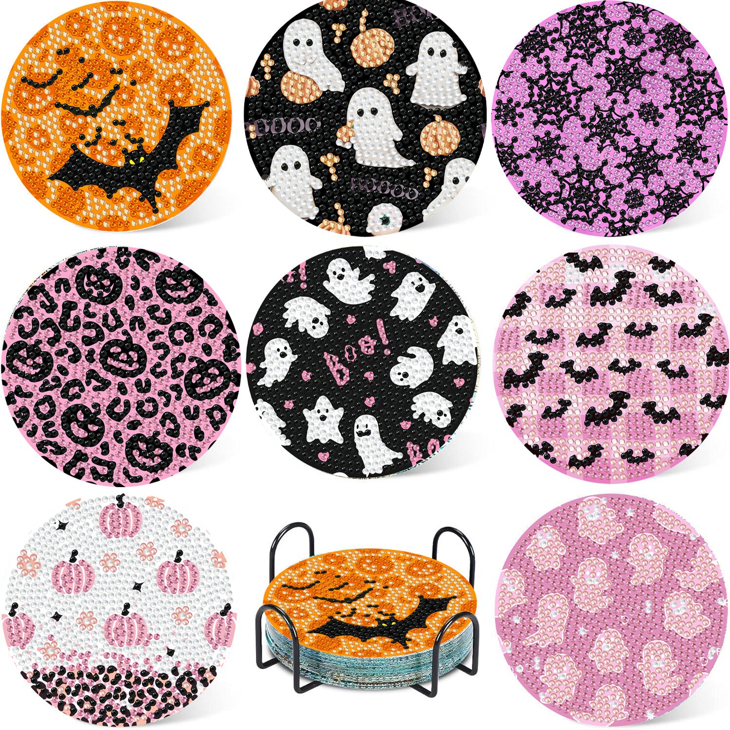 TEMU 8pcs Diamond Painting Kit - Coasters With Stands, -resistant Coasters - Decorative Desktop Ornaments, Sparkling Round Diamond Painting Kit,