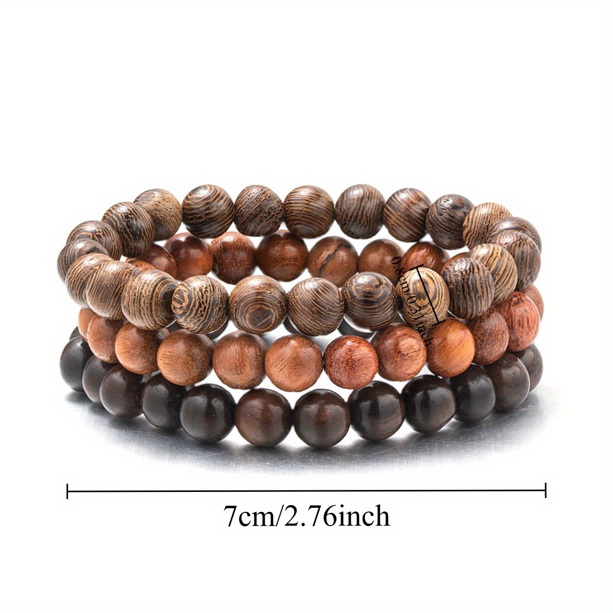 E-shop Dreiteiliges Set modischer, lässiger Vintage-Armbänder aus Harzperlen mit zufälligen Naturholzmaserungen, elastische Herrenarmbänder