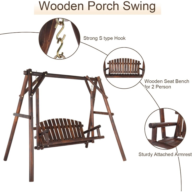 [Heavy Duty Swing] Bonnlo Heavy Duty 880 LBS Wooden Patio Porch Swing with A-Frame Stand, Hanging Swing Bench Chair with Frame for Outside, Yard, Garden (Rustic Sequoia Dusk/Natural)