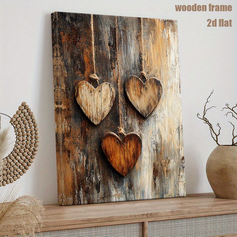 TEMU 2d Flat, 1pc Rustic Wooden-frame Heart - Wrapped Canvas Suitable For Home Office Decor,, Wedding Gift, Minimalist Wood Framed Picture,