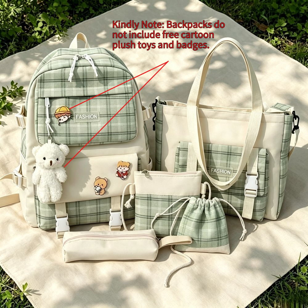 TEMU Minimalist Canvas 5pcs Backpack Set, Sturdy And Spacious Student Bookbag, Multi-compartment Casual Travel Backpack For Middle And High School