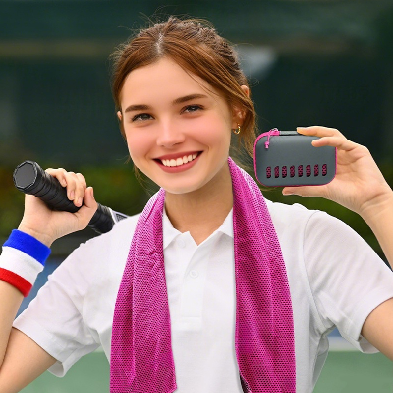 a cooling quick   towel with an eva storage box lightweight portable machine washable suitable for camping hiking and gym use made from durable fabric a must have for camping