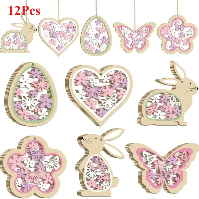 Image of 12pcs Easter Hanging Decor Set | Wooden Rabbit Pendants - Spring Wooden Ornaments, Easter Festive Decoration