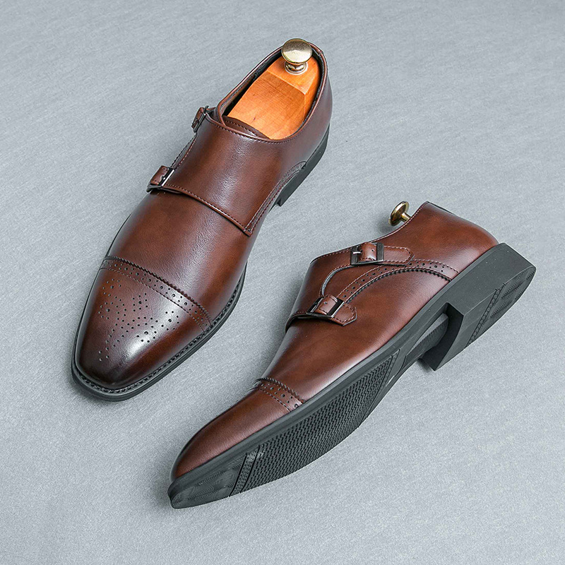 Image of Double Men's Shoes- High-end Business Casual Shoes, Fashionable Square Toe, Hand-carved Design, Formal Summer Formal Dress, Pointed Toe, Large Size, Comfortable Double Buckles